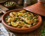 Un savoureux tajine poulet aux olives et citrons confits, garni de persil frais, prêt à être dégusté.