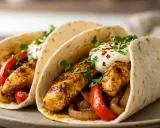 Trois fajitas poulet garnies de poulet grillé, poivrons, oignons, crème fraîche et coriandre. Un délice !