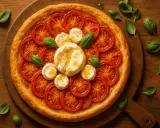 Tarte tomate chèvre, une pâte dorée garnie de rondelles de tomates juteuses et de fromage de chèvre fondant, parsemée de feuilles de basilic frais.