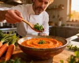 Un chef décore une purée de carotte onctueuse avec des herbes fraîches. Des carottes crues sont disposées à côté.