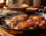 Cuisses de canard confites dorées et croustillantes mijotent dans une poêle en fonte, dégageant une vapeur appétissante.
