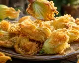 Une assiette de beignets de fleurs de courgettes dorés et croustillants, servis avec des quartiers de citron.