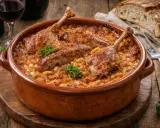 Un plat de cassoulet maison réconfortant, avec des confits de canard, des saucisses et des haricots blancs, garni de persil frais.