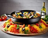 Un plat de paella royale débordant de fruits de mer, de riz jaune, de poivrons et de petits pois, prêt à être dégusté.
