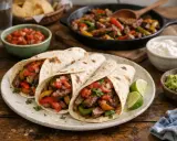 Trois fajitas boeuf garnies de poivrons, tomates et oignons, accompagnées de guacamole, salsa et crème fraîche. Une recette savoureuse !