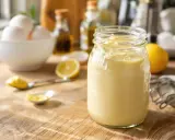Un pot de mayonnaise maison crémeuse, avec des œufs, du citron et de l'huile sur une table en bois.