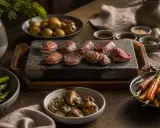 Viandes sur pierre chaude, accompagnées de pommes de terre, carottes, champignons et haricots verts. Quelle sauce pour une pierrade ? Plusieurs petits ramequins de sauces sont disposés.