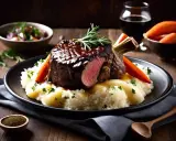 Un succulent jarret de boeuf, nappé de sauce, servi sur une purée onctueuse, accompagné de carottes et d'une touche de romarin.