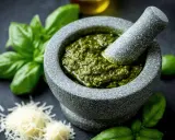 Mortier en pierre rempli de pesto maison, avec du basilic frais et du parmesan râpé à proximité.