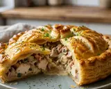Une tourte au poulet dorée et feuilletée, garnie de poulet, champignons et lardons, prête à être dégustée.