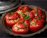 Tomates farcies au riz au four, garnies de persil frais, servies dans un plat en métal patiné. Un délice simple et savoureux.