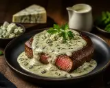Un steak savoureux nappé d'une sauce maison pour viande crémeuse au bleu, garni de persil frais.