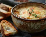 Un bol de soupe à l'oignon gratinée, avec du pain grillé à côté. Une recette réconfortante pour les journées froides.