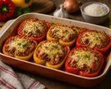 Six poivrons farcis, garnis d'une farce savoureuse et recouverts de fromage fondu, sortent du four dans un plat en céramique.