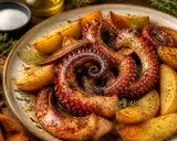 Un plat appétissant de poulpe grillé, aux tentacules enroulés, servi avec des quartiers de pommes de terre dorées et des herbes fraîches.