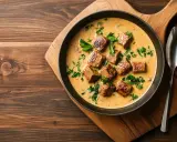 Un plat de veau en sauce crémeuse, parsemé de persil frais, prêt à être dégusté. Une sauce pour accompagner le veau qui promet saveur et onctuosité.