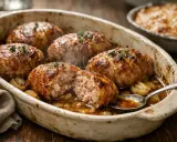Six savoureuses crepinettes de porc dorées, servies dans un plat en terre cuite avec des oignons caramélisés et une sauce savoureuse.