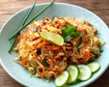 Un plat de pad thai coloré avec des nouilles de riz, des carottes, des cacahuètes concassées, du tofu, un quartier de citron vert et des rondelles de concombre.