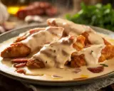 Morceaux de poulet pané nappés d'une onctueuse sauce crémeuse avec des morceaux de chorizo.