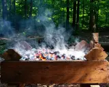 Bûches de bois et braises ardentes dans un barbecue rustique, évoquant l'origine du barbecue en pleine forêt.