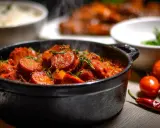 Un plat fumant de rougail saucisse, garni d'herbes fraîches, avec des tomates et un piment rouge à côté.