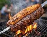Un morceau de viande juteux sur une broche, cuisant au-dessus des flammes vives. Un vrai barbecue brésilien, prêt à être dégusté.