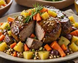 Un plat de veau de 7h, tendre et juteux, nappé d'une sauce brillante, entouré de pommes de terre, carottes, olives et haricots.
