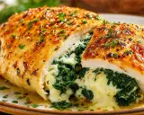 Un délicieux poulet farci aux épinards et au fromage fondant, garni de persil frais.