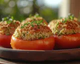 Tomates provençales garnies d'une chapelure dorée et d'herbes fraîches, servies sur un plat en bois.