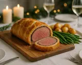 Un festin de viande en croûte, tendre et juteuse, servie avec des pommes de terre rôties et des haricots verts. Une ambiance chaleureuse avec des bougies et des guirlandes lumineuses.