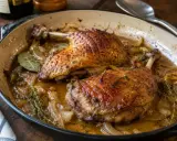 Deux cuisses de canard au four, dorées et juteuses, mijotent dans leur jus avec des oignons et des herbes.