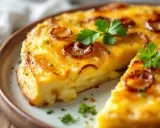 Une tranche de tortilla espagnole dorée, garnie d'oignons caramélisés et de persil frais, sur une assiette.