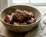 Un bol rustique rempli de morceaux de porc au caramel brillants, garnis de romarin frais. Un délice gourmand.