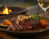 Un savoureux bavette à l'échalote, grillé à la perfection, servi avec des légumes rôtis et une sauce crémeuse. Un délice pour les yeux et les papilles.