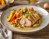 Délicieuse recette gastronomique de filet mignon de porc, servi avec des carottes et des oignons caramélisés, nappé d'une sauce onctueuse.