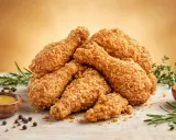 Pile de délicieux nuggets maison croustillants, accompagnés de sauces et de romarin frais.
