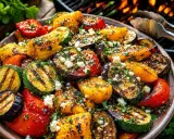 Assiette colorée de légumes barbecue : courgettes, aubergines, poivrons, maïs grillés, parsemés de feta et d'herbes.