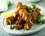 Brochettes de poulet citronnées, dorées et juteuses, garnies de persil frais et d'un quartier de citron. Un délice à savourer !
