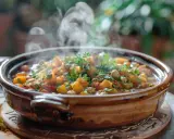 Un délicieux tajine marocain fumant, rempli de légumes colorés et d'épices, prêt à être dégusté.