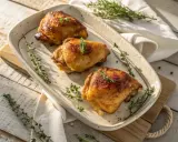 Trois morceaux de poulet au four dorés et juteux, garnis de thym frais sur un plat en céramique.