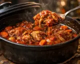 Un osso bucco de dinde mijoté dans une sauce tomate riche, avec des carottes et des oignons. La viande effilochée tombe d'une cuillère, fumante et appétissante.