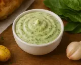 Sauce à l'oseille crémeuse, parsemée d'herbes fraîches, prête à accompagner un plat savoureux.