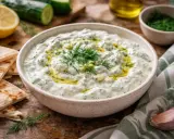 Sauce tzatziki crémeuse, garnie d'aneth frais et d'un filet d'huile d'olive, servie avec du pain pita et des ingrédients frais.