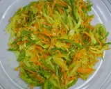 Un plat coloré d'achard de légumes, mêlant carottes râpées, chou et poivrons verts, prêt à être dégusté.