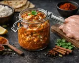 Un pot de butter chicken crémeux, garni de coriandre fraîche. À côté, du riz basmati, des naans, du poulet cru, des épices et un quartier de citron.