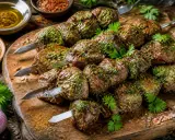 Brochettes de viande grillée, parsemées d'herbes vertes. Parfaites avec quelles sauces pour accompagner des brochettes ? Huile d'olive, épices et ail à proximité.
