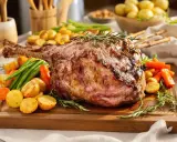 Gigantesque cuisse d'agneau rôtie, servie avec des pommes de terre, des carottes et des haricots verts sur une planche en bois. Un plat de fête savoureux.