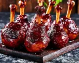 Délicieux chicken lollipops enrobés d'une sauce barbecue brillante, prêts à être dégustés sur une planche en bois rustique.