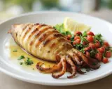 Un encornet grillé, parfaitement marqué, baigne dans une sauce dorée, accompagné d'une salade de tomates cerises et d'une tranche de citron.