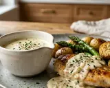 Un plat de poulet rôti avec des pommes de terre, des asperges et une sauce échalote crémeuse, garnie de ciboulette fraîche.
